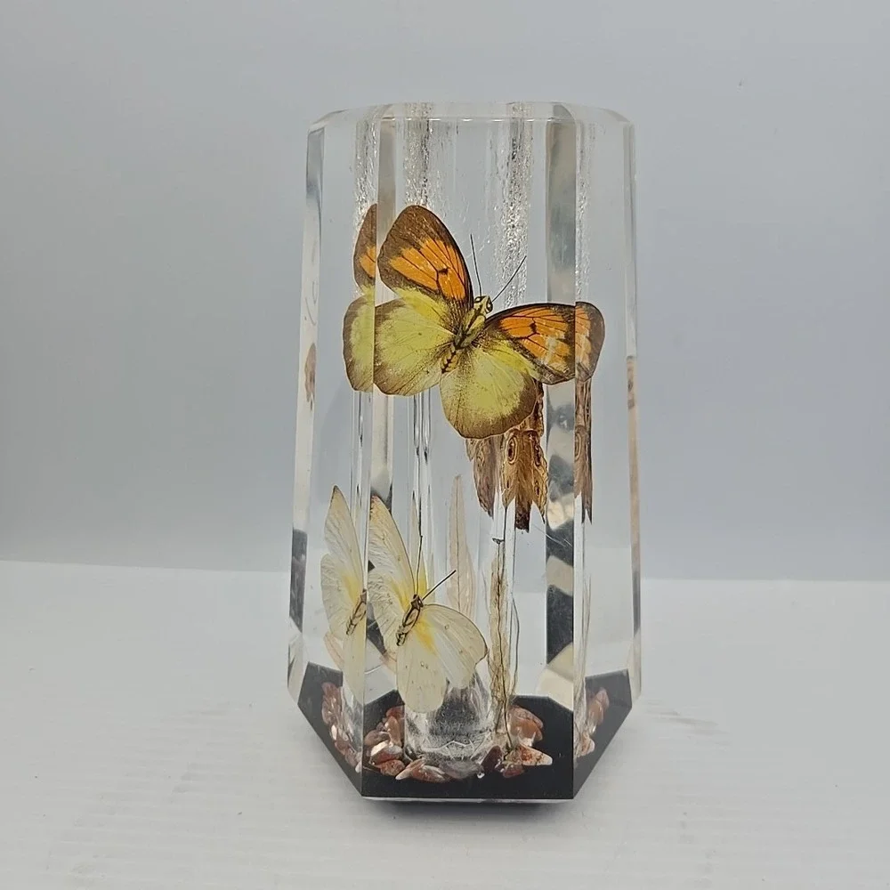 70's Acrylic Vase Real Butterfly Wings Foliage Vintage Lucite Tapered Hexagon GA